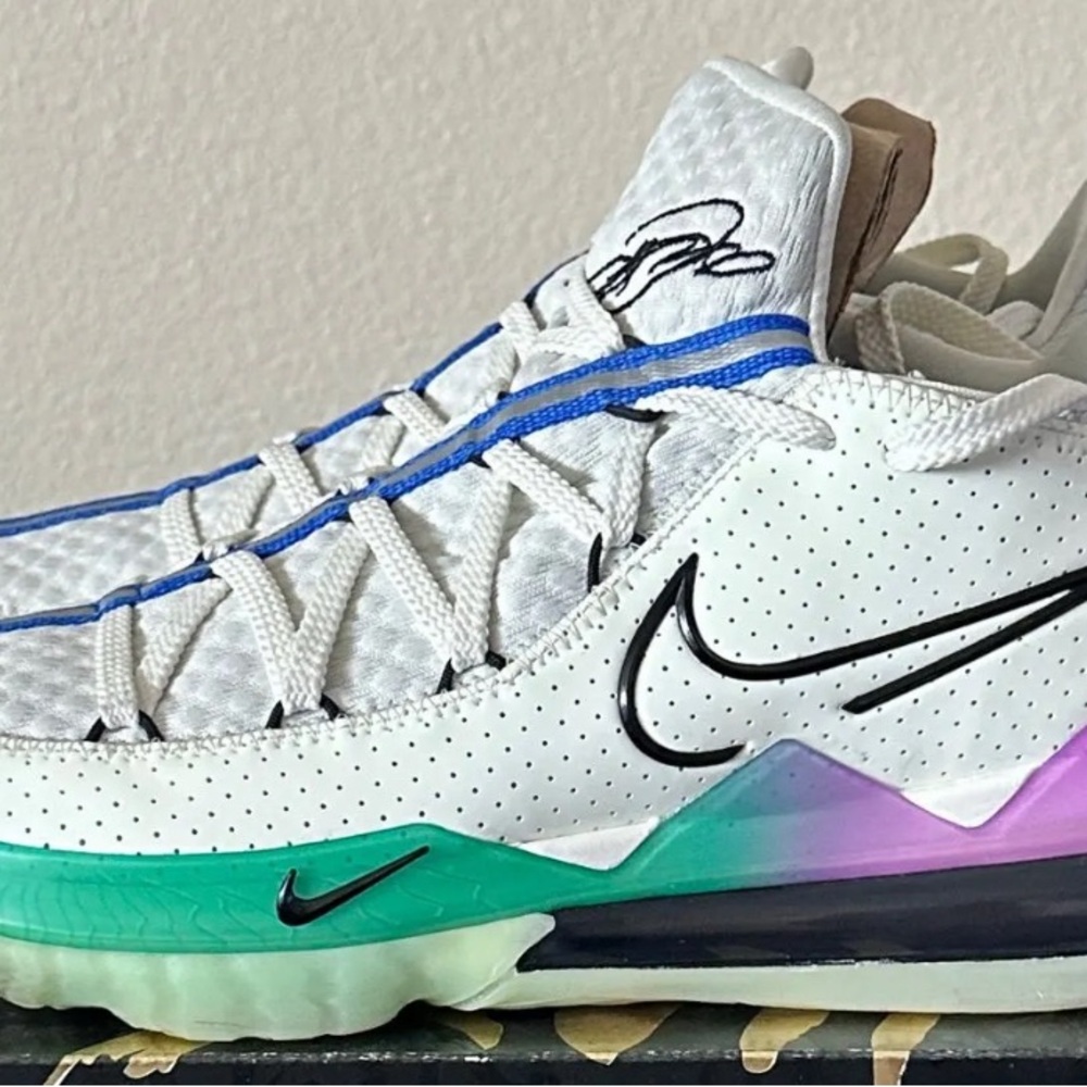 Nike White Sneakers with Green and Purple Accents glow in the dark